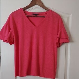 INC International Concepts Coral Red V-Neck Tee With Flutter Sleeve